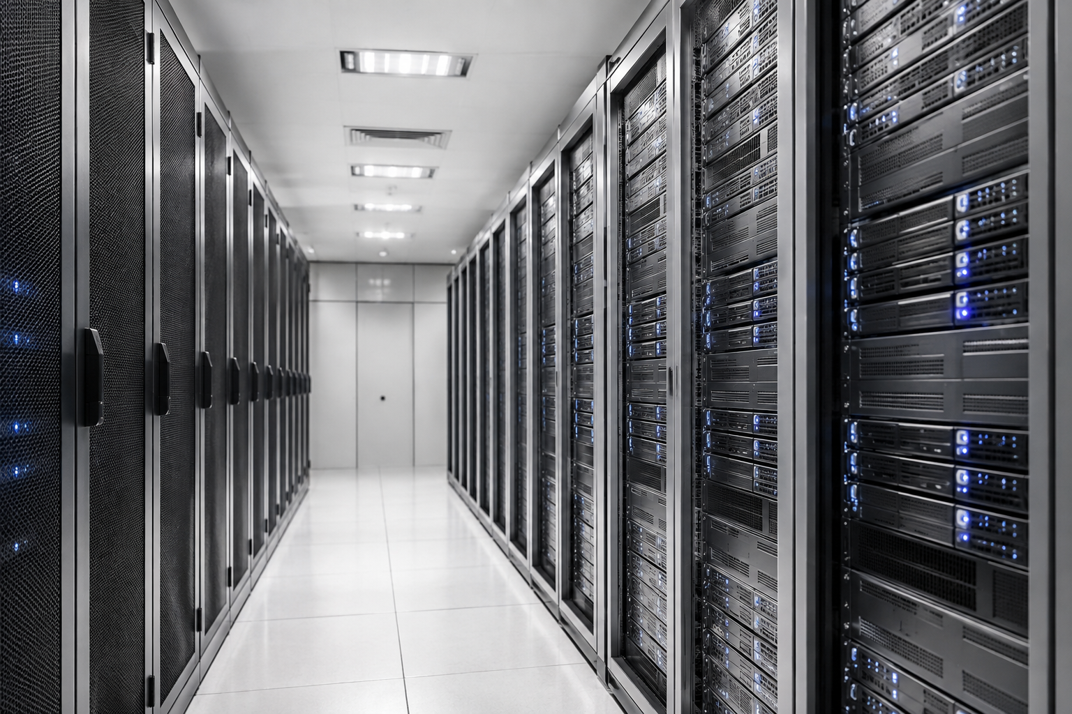 A brightly lit aisle in a modern server room