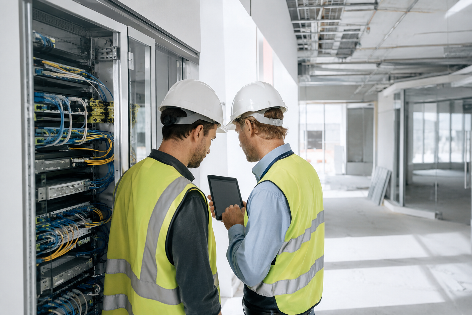 Engineers reviewing an implementation plan beside network equipment