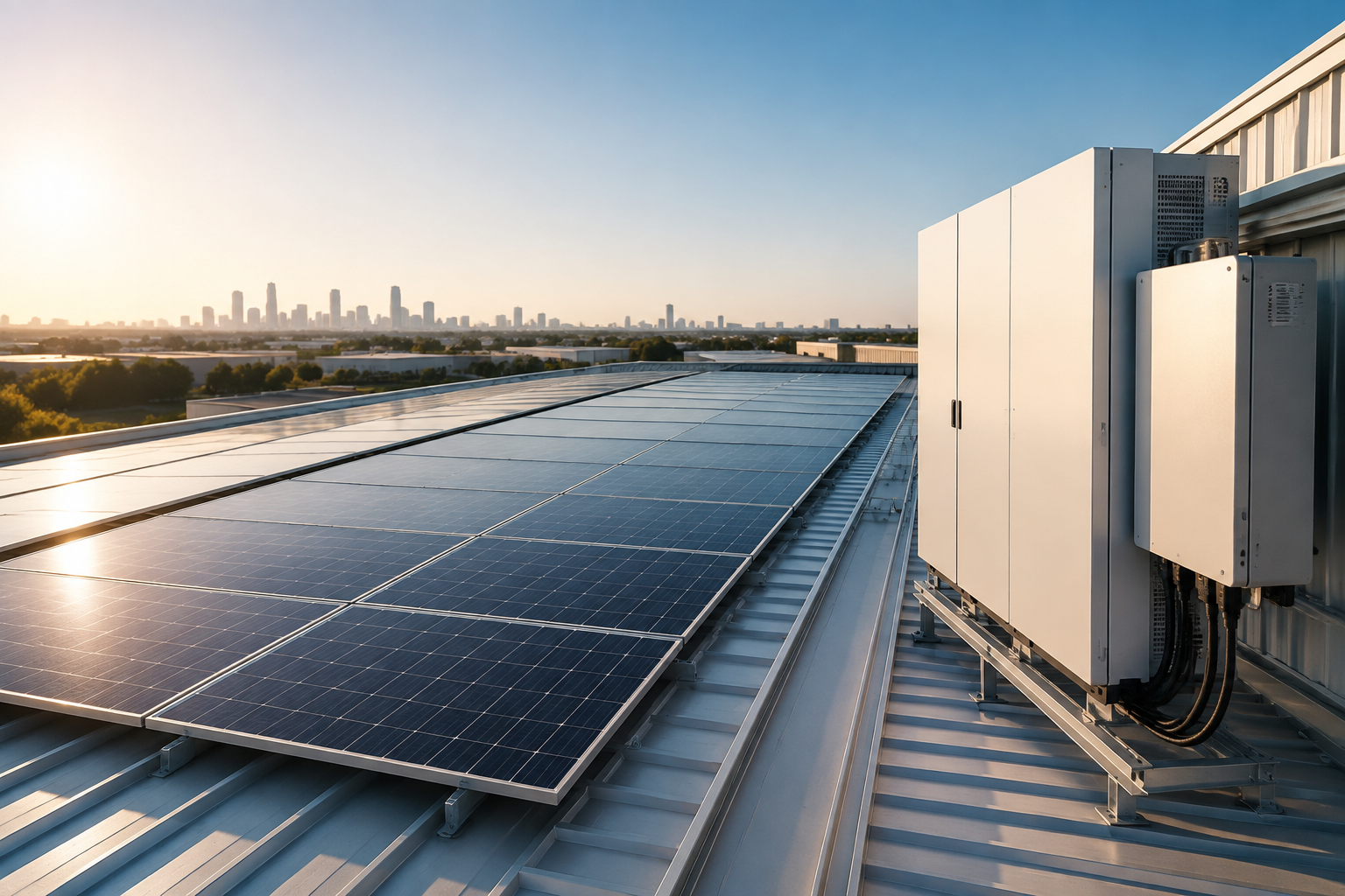 Solar panels on a modern industrial rooftop in morning light