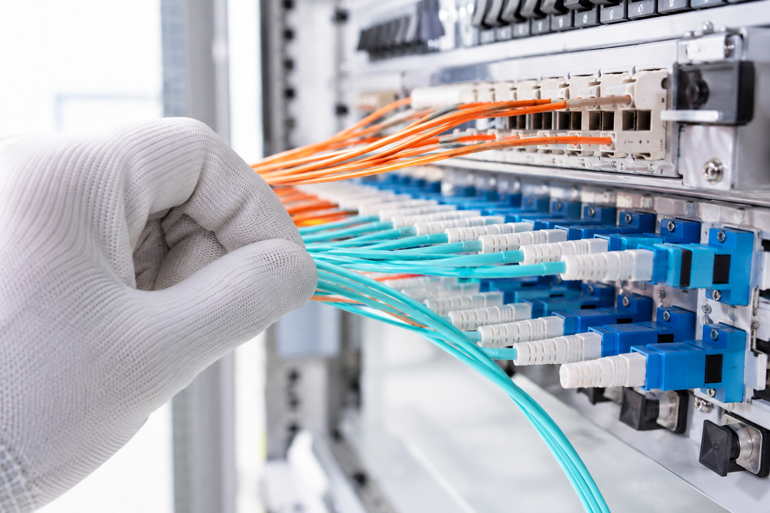 An organized fiber-optic distribution panel during technical installation